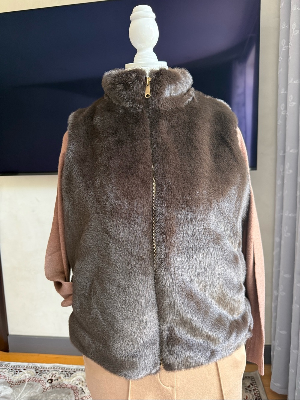 Christian Siriano Brown Faux Fur Zip-Front Vest